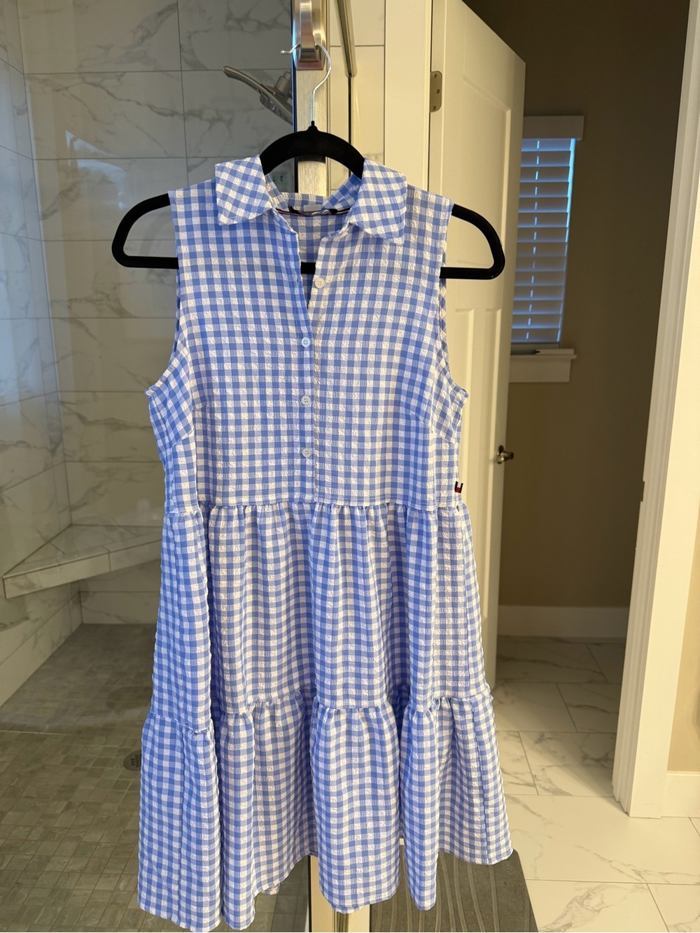 Tommy Hilfiger Blue and White Gingham Sleeveless Tiered Dress